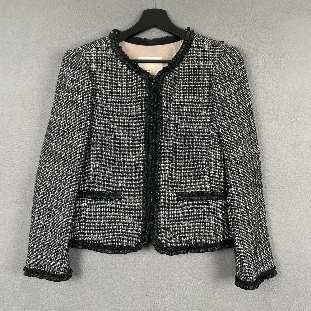 Rebecca Taylor Blazer Womens 6 Black Tweed Ruffle Trim Lined Open Pockets